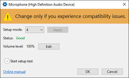 Setup mode dialog